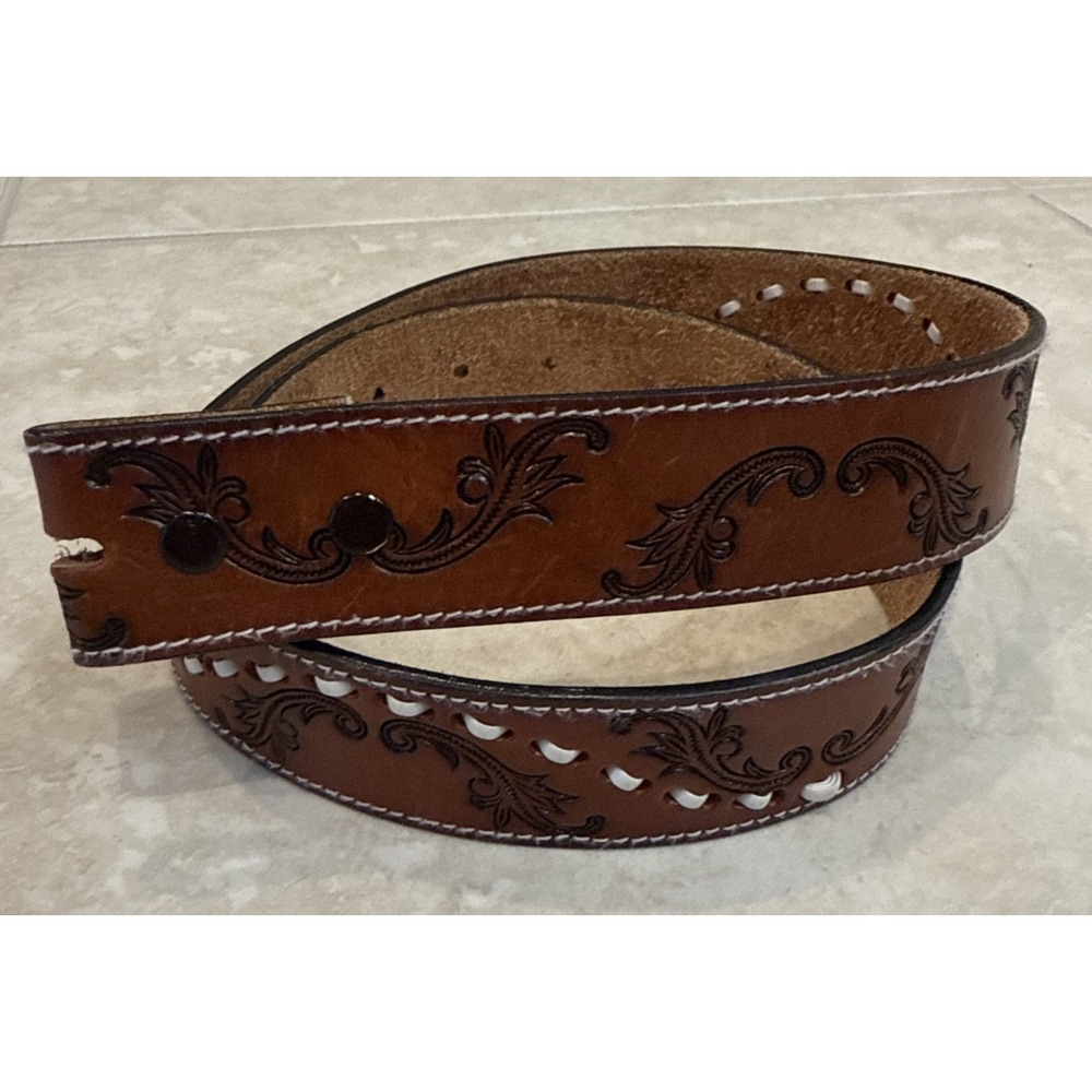 Vtg Tooled Embossed Western Leather Belt Floral Size 36 Hong‎ Kong Floral Cowboy
